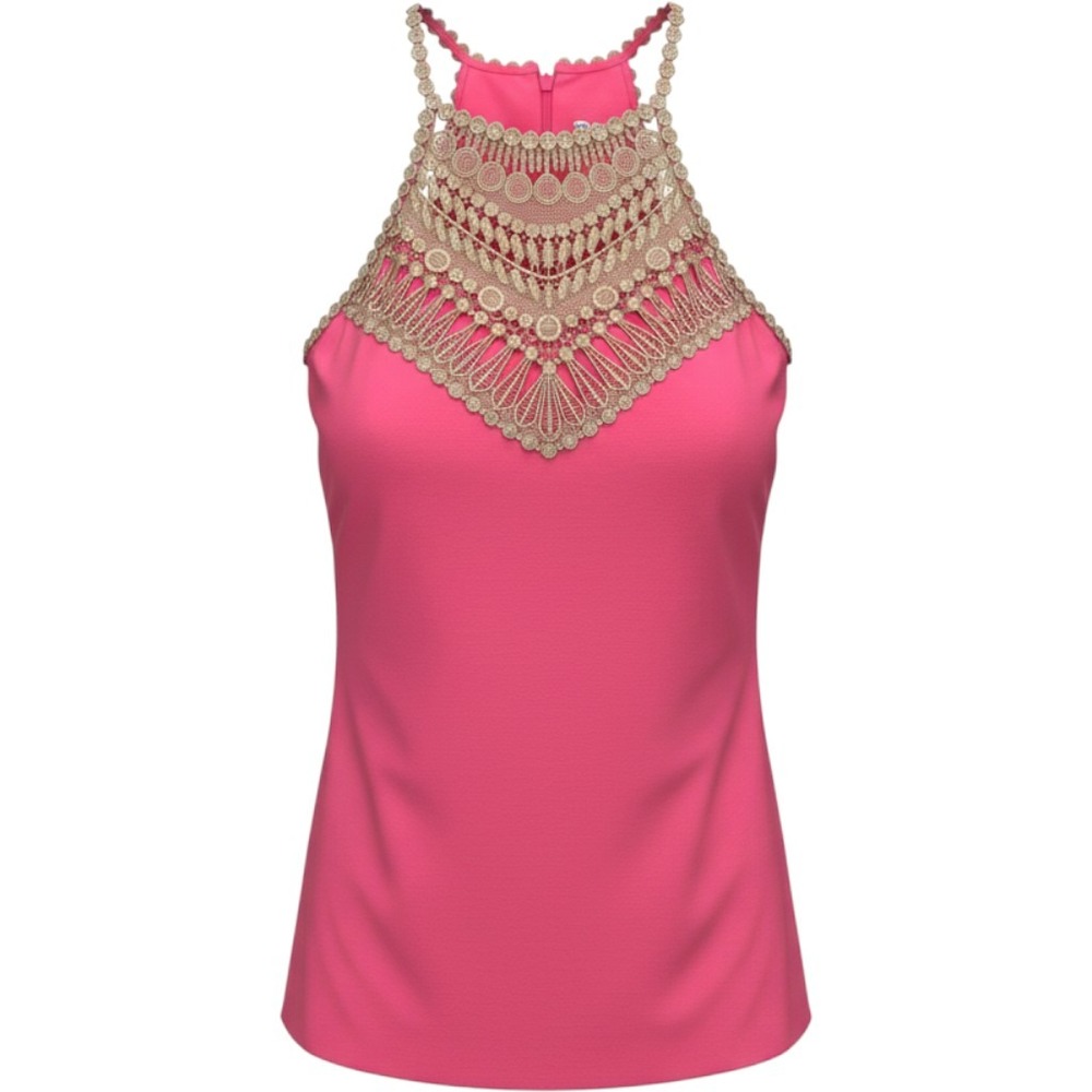 Lilly Pulitzer Pink Shift Dress Gold Metallic Lace Bib Halter Neck Size 2